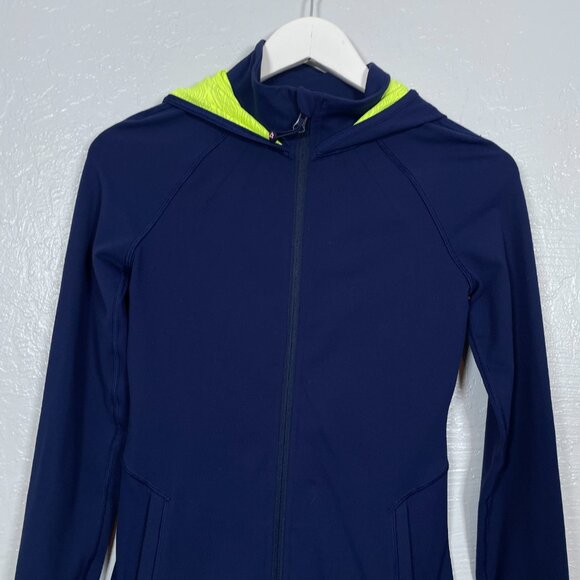 Ivivva by Lululemon Girls 12 Navy Blue Green Athletic Jacket Hooded Pockets - Picture 3 of 10